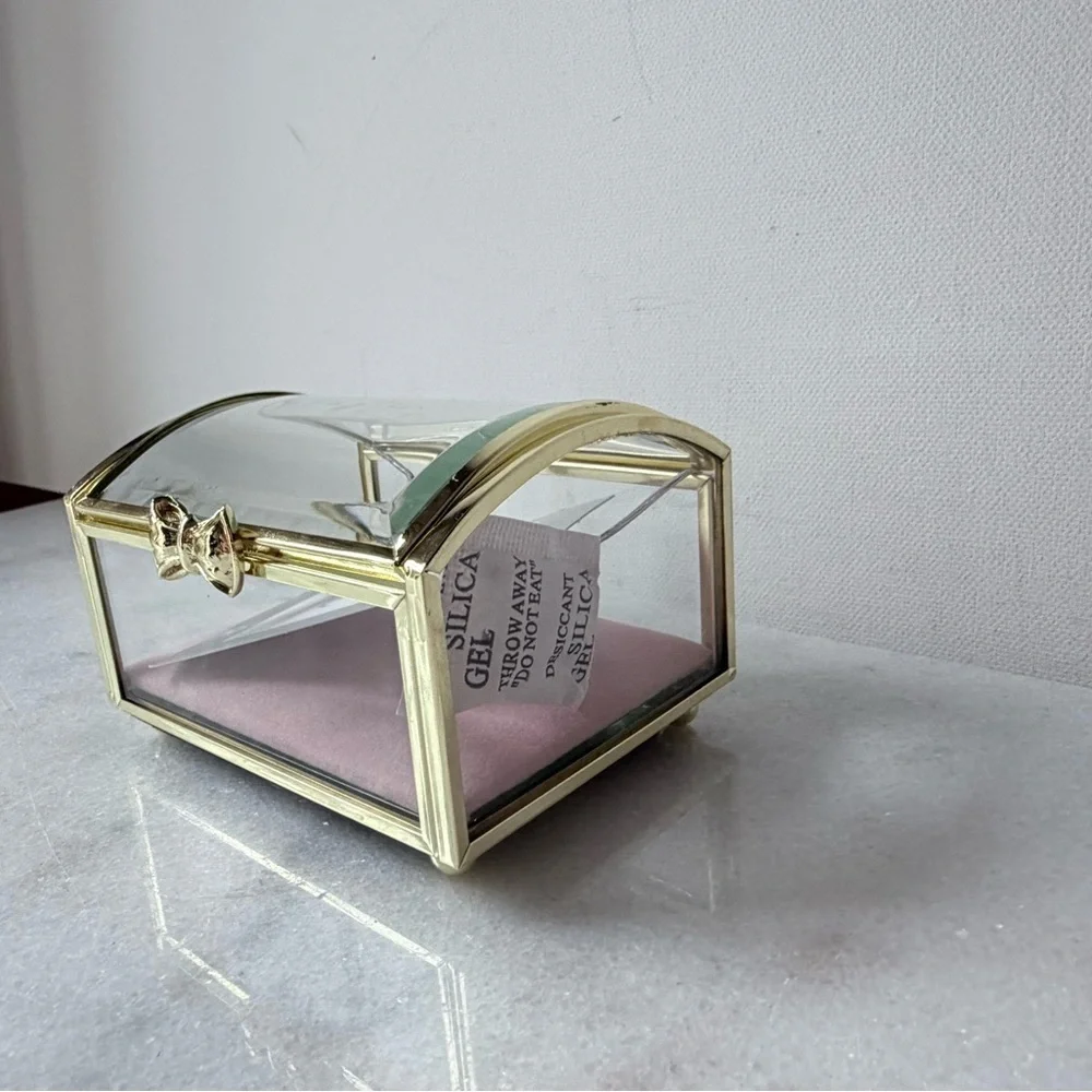 Gold trim and Glass Jewelry Box vintage style pink cushion